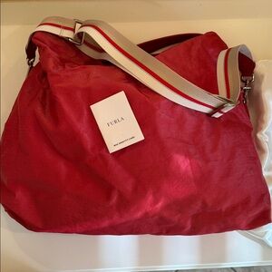 Furla Crimson Tote with Striped Strap. Shiny Red.